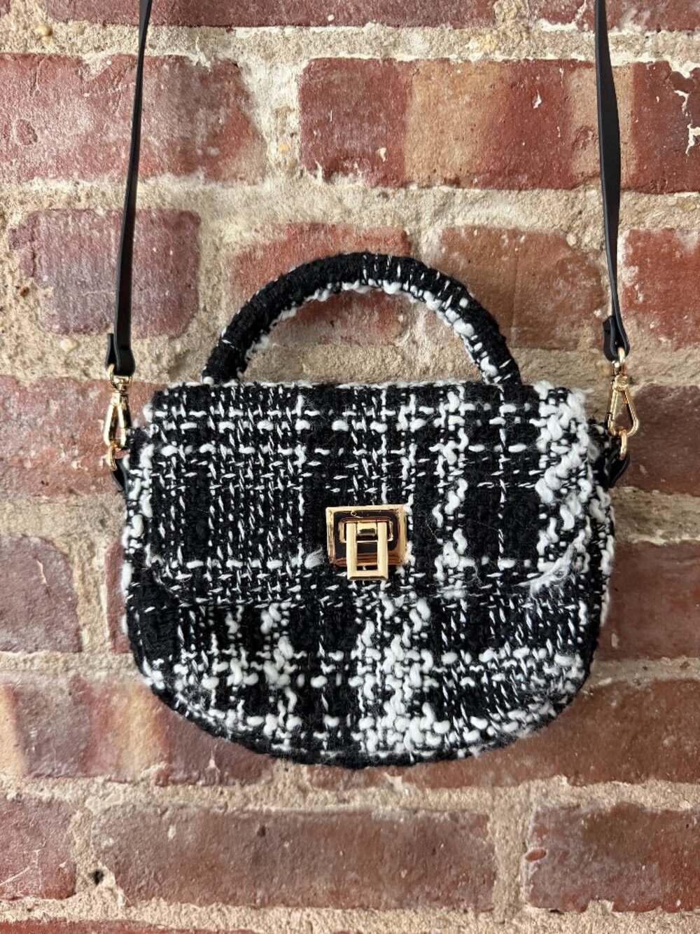 Black White Tweed Mini Crossbody Bag Top Handle Gold Turn Lock Chanel Style